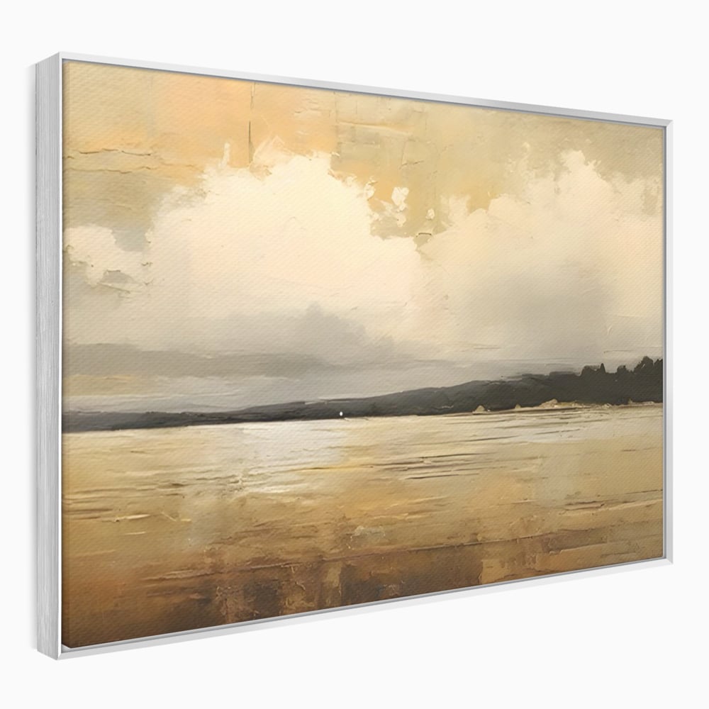 Tablou canvas cu pictura orizontala cu apus pe lac, in rama de aluminiu argintiu